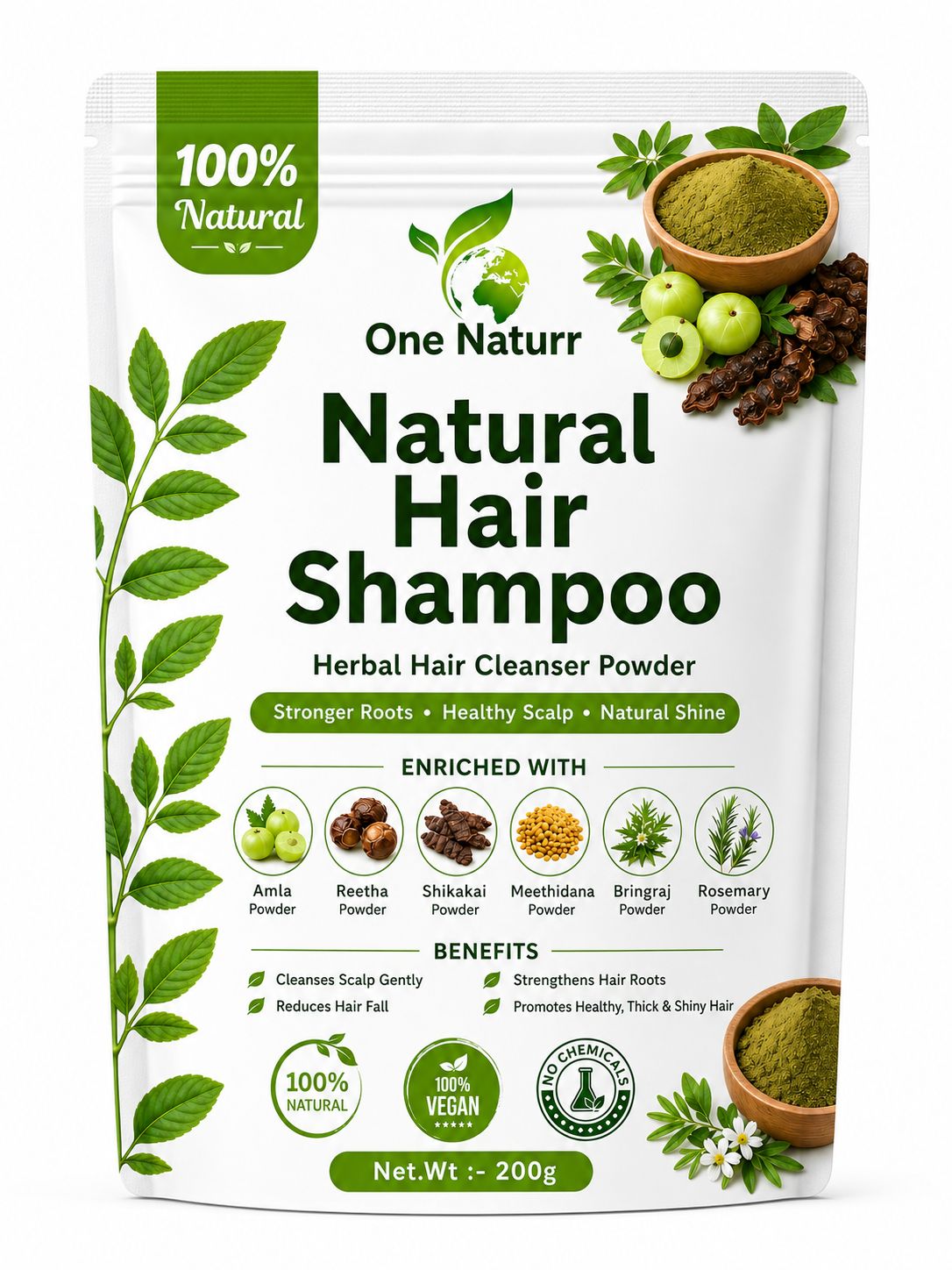 One Naturr Herbal Hair Shampoo Powder for Stronger Roots & Healthy Scalp – 200g